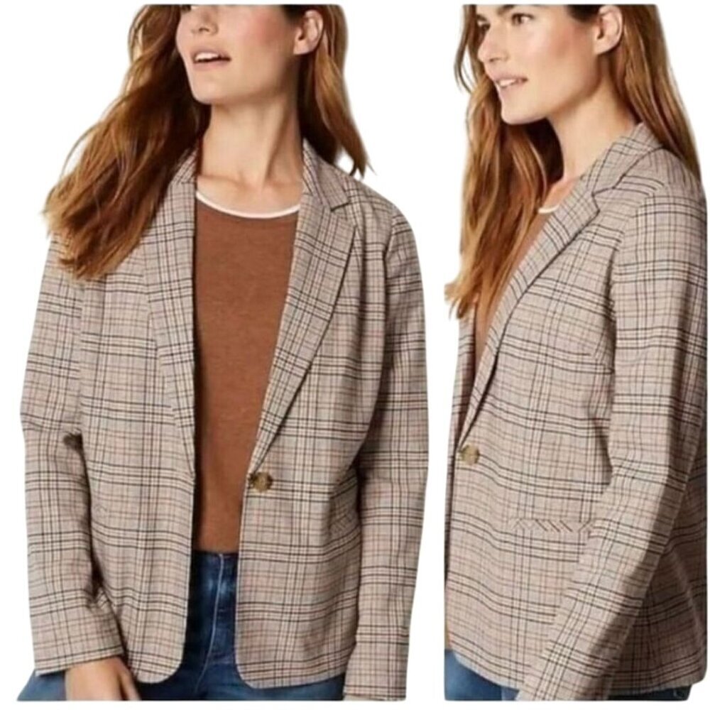 J. Jill Mendocino Plaid Blazer Tigers Eye One Button Closure Lightweight Size M